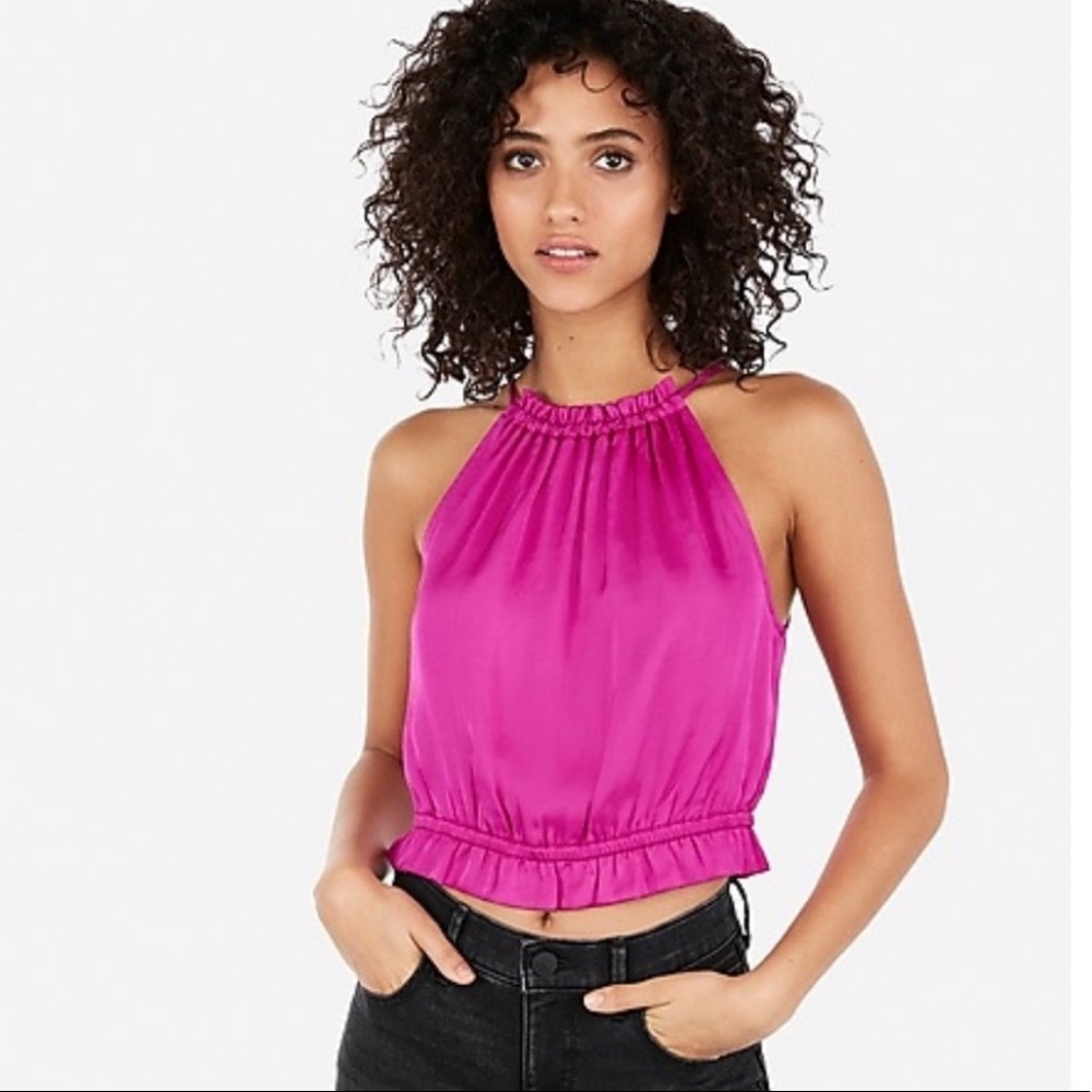 Express Satin Hot Pink High Neck Crop Top